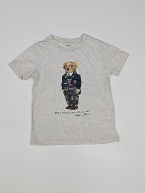 Ralph Lauren Light Gray Polo Bear Graphic Tee with Navy & Green Details Size 5T